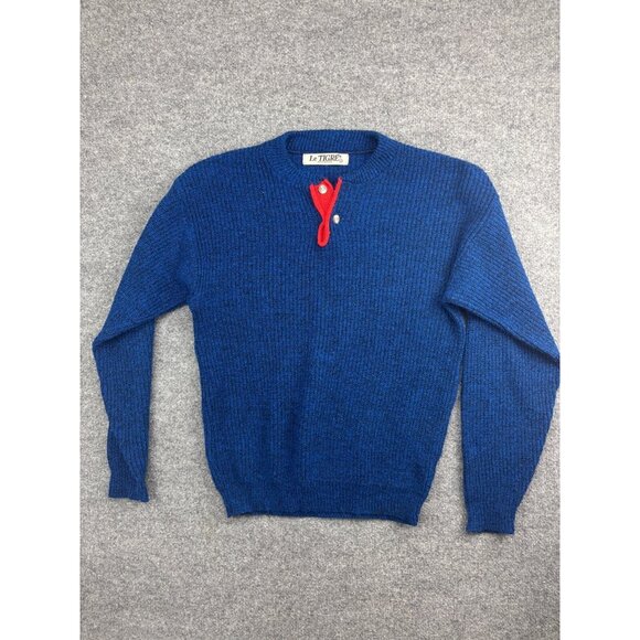 VNTG Le Tigre Pullover Sweater Men's L Blue Red Button Crew Ribbed Knit USA Made - Picture 1 of 7